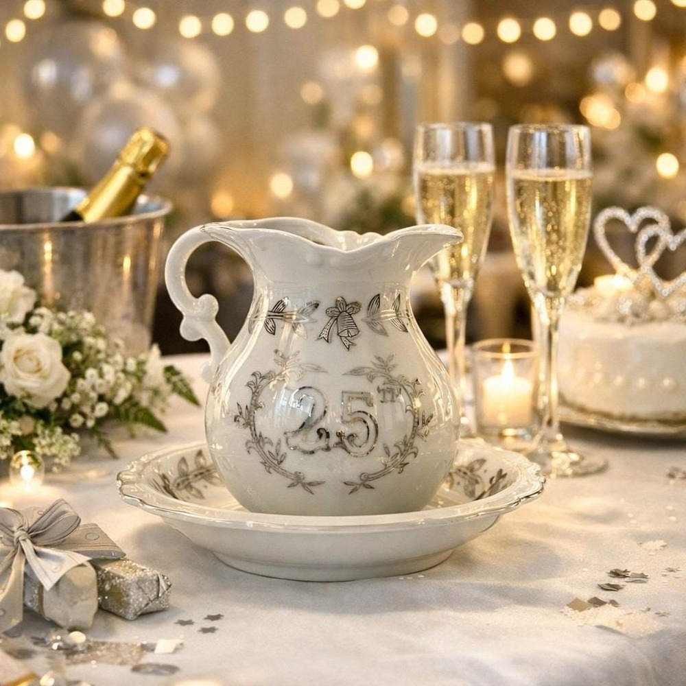 Vintage Lefton 25th Anniversary Pitcher & Liner Bowl Silver White Porcelain MCM‎